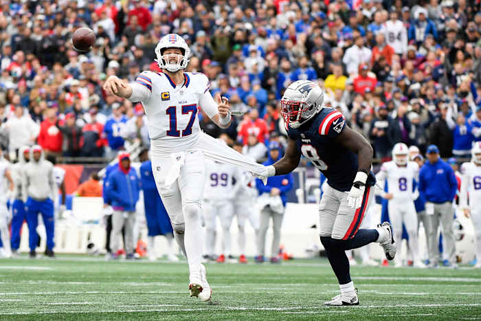 Bills quarterback Josh Allen had a key turnover in Buffalo's loss to the Patriots in Week 7.